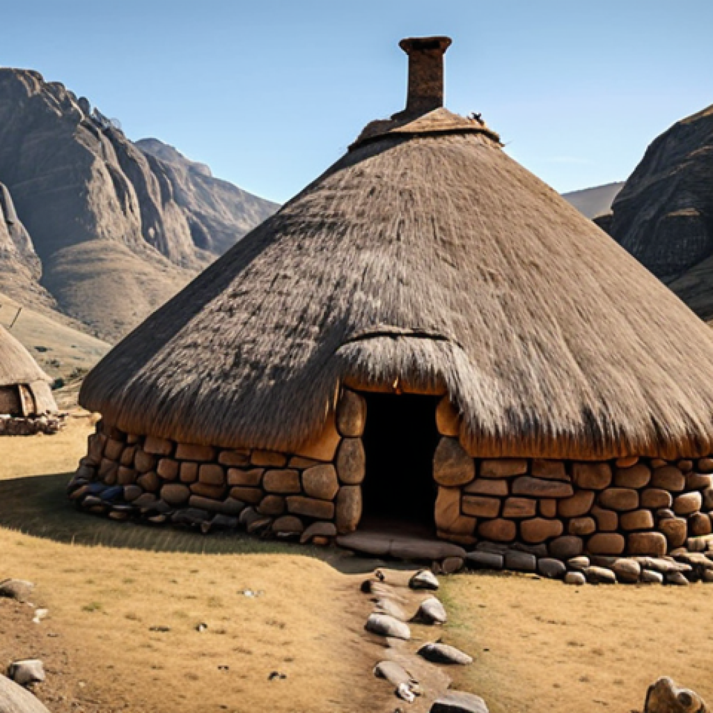**

A cozy, traditional Basotho stone hut nestled in the mountains, showcasing its rustic architecture and integration with the natural landscape. Focus on warmth and cultural authenticity.

**