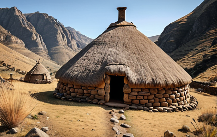 **
A cozy, traditional Basotho stone hut nestled in the mountains, showcasing its rustic architecture and integration with the natural landscape. Focus on warmth and cultural authenticity.
**