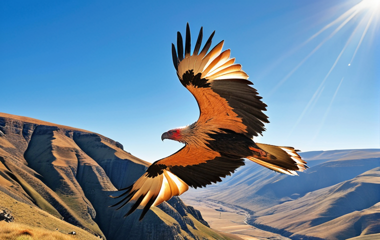 **
Prompt: Majestic Bearded Vulture (Lammergeier) soaring high above the dramatic Lesotho highlands, vibrant blue sky, conservation success story, sunlight.
**