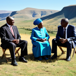 A professional legal expert, fully clothed in a modest business suit, respectfully consulting with community elders, also fully clothed in appropriate traditional Basotho attire. They are gathered in a serene, open-air rural setting in Lesotho, with a backdrop of rolling hills under a clear sky. The atmosphere emphasizes mutual respect and dialogue, symbolizing the harmonization of traditional and modern legal systems. perfect anatomy, correct proportions, natural pose, well-formed hands, proper finger count, natural body proportions, professional photography, high quality, safe for work, appropriate content, fully clothed, family-friendly, modest clothing.