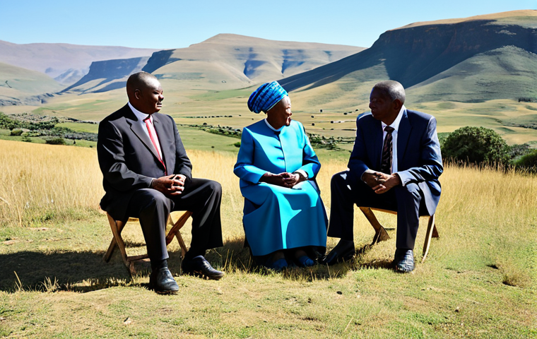 A professional legal expert, fully clothed in a modest business suit, respectfully consulting with community elders, also fully clothed in appropriate traditional Basotho attire. They are gathered in a serene, open-air rural setting in Lesotho, with a backdrop of rolling hills under a clear sky. The atmosphere emphasizes mutual respect and dialogue, symbolizing the harmonization of traditional and modern legal systems. perfect anatomy, correct proportions, natural pose, well-formed hands, proper finger count, natural body proportions, professional photography, high quality, safe for work, appropriate content, fully clothed, family-friendly, modest clothing.