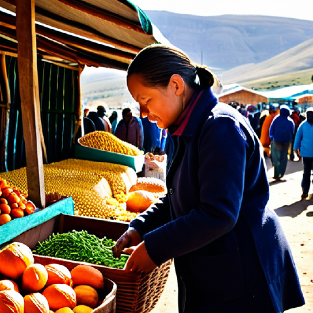 A solo traveler, fully clothed in modest, practical outdoor attire, attentively selecting fresh, vibrant 'moroho' and 'papa' ingredients from a colorful outdoor local market stall in Lesotho. The market is bustling with activity, showcasing piles of diverse, locally grown vegetables like pumpkins, potatoes, and dried corn. Sunlight casts a warm glow on the scene. The traveler has well-formed hands holding a woven basket. The image conveys an authentic, family-friendly atmosphere of discovery and fresh produce. Perfect anatomy, natural pose, correct proportions, professional photography, high quality, appropriate content, safe for work.