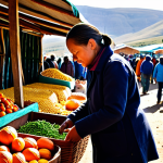 A solo traveler, fully clothed in modest, practical outdoor attire, attentively selecting fresh, vibrant 'moroho' and 'papa' ingredients from a colorful outdoor local market stall in Lesotho. The market is bustling with activity, showcasing piles of diverse, locally grown vegetables like pumpkins, potatoes, and dried corn. Sunlight casts a warm glow on the scene. The traveler has well-formed hands holding a woven basket. The image conveys an authentic, family-friendly atmosphere of discovery and fresh produce. Perfect anatomy, natural pose, correct proportions, professional photography, high quality, appropriate content, safe for work.