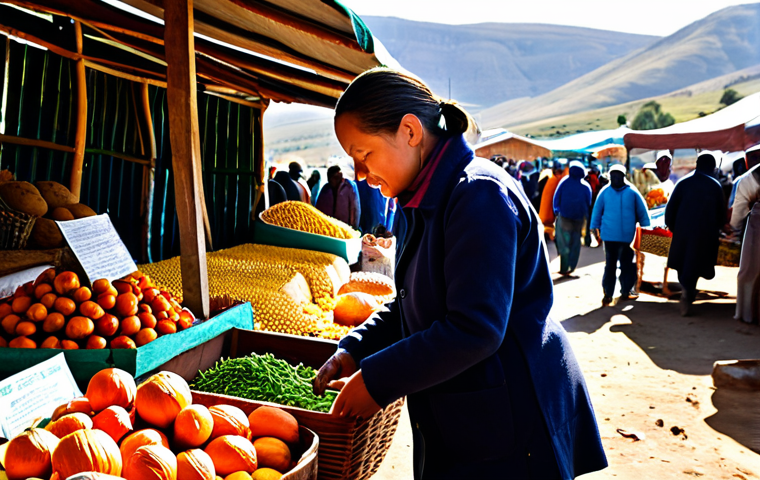 A solo traveler, fully clothed in modest, practical outdoor attire, attentively selecting fresh, vibrant 'moroho' and 'papa' ingredients from a colorful outdoor local market stall in Lesotho. The market is bustling with activity, showcasing piles of diverse, locally grown vegetables like pumpkins, potatoes, and dried corn. Sunlight casts a warm glow on the scene. The traveler has well-formed hands holding a woven basket. The image conveys an authentic, family-friendly atmosphere of discovery and fresh produce. Perfect anatomy, natural pose, correct proportions, professional photography, high quality, appropriate content, safe for work.