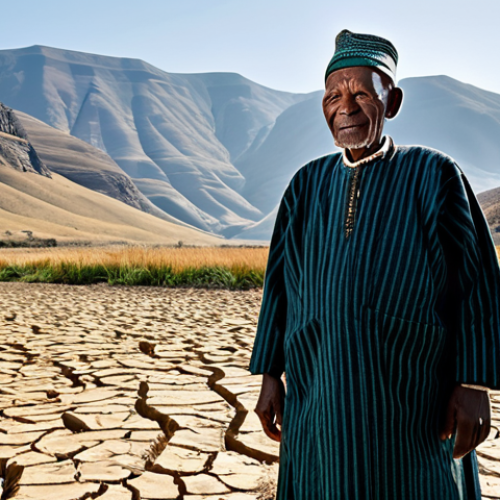 **

"An elderly Mosotho farmer, Ntate Thabo, standing in his dry cornfield in the Maluti mountains, Lesotho. He is wearing traditional Basotho clothing. The landscape shows cracked earth and a desolate feel. In the background, a nearly dry riverbed can be seen. The image should convey the struggle with drought and climate change. fully clothed, modest clothing, appropriate attire, safe for work, perfect anatomy, natural proportions, professional photography, high quality, family-friendly"

**