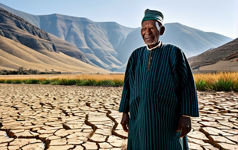 **

"An elderly Mosotho farmer, Ntate Thabo, standing in his dry cornfield in the Maluti mountains, Lesotho. He is wearing traditional Basotho clothing. The landscape shows cracked earth and a desolate feel. In the background, a nearly dry riverbed can be seen. The image should convey the struggle with drought and climate change. fully clothed, modest clothing, appropriate attire, safe for work, perfect anatomy, natural proportions, professional photography, high quality, family-friendly"

**